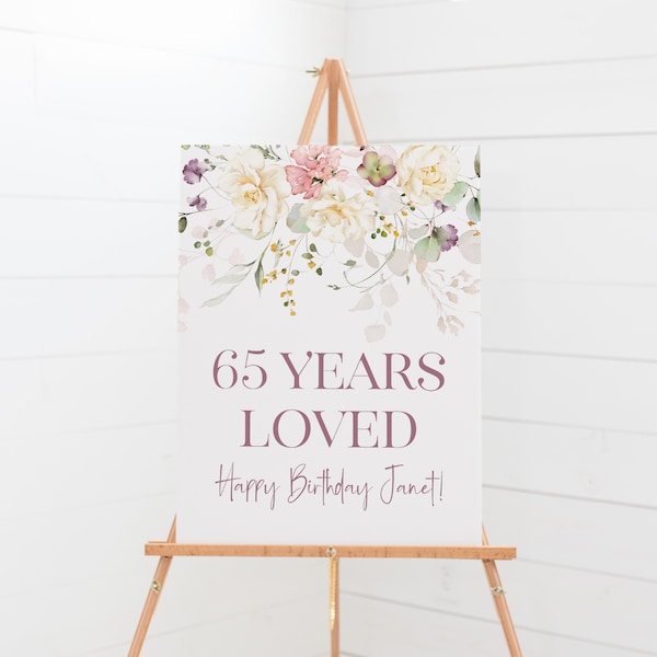 Panneau de bienvenue pour fête du 65e anniversaire - 65 ans d'amour - panneau de joyeux anniversaire - panneau de fête d'anniversaire floral pastel - panneau d'anniversaire dans le jardin