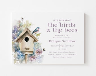 Puede incluir: Una ilustración de acuarela de una casita de pájaros con un pájaro azul posado en el borde. La casita de pájaros está rodeada de flores y abejas. El texto "Let's talk about the birds & the bees" está escrito en morado en la parte superior de la imagen. El texto "Brenna Swallow" está escrito en morado debajo del texto "Let's talk about the birds & the bees". El texto "August | 26 | Sunday" está escrito en morado debajo del texto "Brenna Swallow". El texto "At 1:00 PM" está escrito en morado debajo del texto "August | 26 | Sunday". El texto "1234 Apple Blossom Lane, Canmore" está escrito en morado debajo del texto "At 1:00 PM". El texto "RSVP to Tawnya at 222.333.4444 by 8/14" está escrito en morado debajo del texto "1234 Apple Blossom Lane, Canmore". El texto "Registered at Target & Amazon" está escrito en morado debajo del texto "RSVP to Tawnya at 222.333.4444 by 8/14".