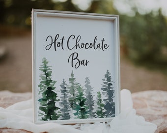 Placa de barra de chocolate quente de inverno - Placa de barra de chocolate quente para casamento de inverno - Placa de barra de chocolate quente para impressão - Placa de festa com árvores rústicas - Festa de inverno
