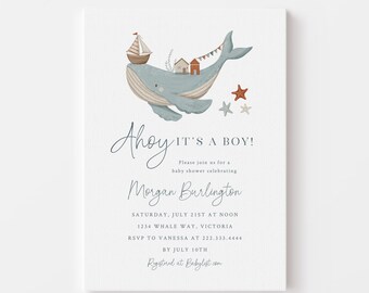May include: Ahoy It's a Boy! baby shower invitation with a blue whale illustration with a sailboat, houses, and stars. The invitation includes the date, time, location, RSVP information, and a registry website.