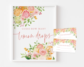 How Many Lemon Drops Game Sign and Guess Cards - Printable Guessing Game - Citrus Main Squeeze Bridal Brunch - Citrus Bridal Shower Game