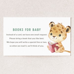 Cheetah-boeken voor babykaarten - afdrukbare insteekkaarten voor boekverzoek - verhalenboek babyshower - babyshower boeken - aanvraagkaarten babybibliotheek