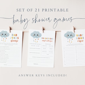 May include: A set of 21 printable baby shower games. The games are themed around clouds and rain. The games include "Dad Jokes Game", "Predictions and Advice", and "Baby Name Race".