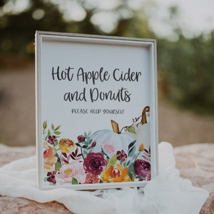 Hot Apple Cider and Donuts Sign - Fall Party Decorations - Pumpkin Party Signs - Fall Outdoor Party Ideas - Donut Station Sign - Cider Bar image 1