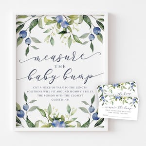 Baby Shower de arándanos: mide la barriga: letrero y tarjetas para imprimir: ¿Qué tan grande es la barriga de mamá?: decoraciones dulces para baby shower con frutos del bosque