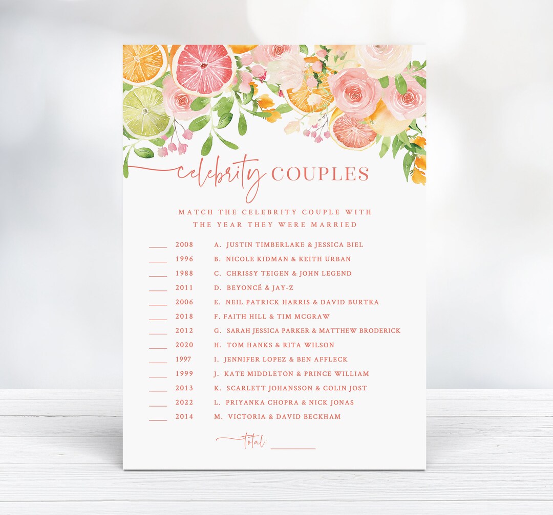 Celebrity Couples Quiz Citrus Bridal Shower Trivia Game Printable