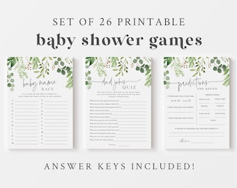 Eucalyptus Baby Shower Game Bundle - Gender Neutral Greenery Baby Shower Games - 26 Printable Games & Activities - Rustic Greenery Theme