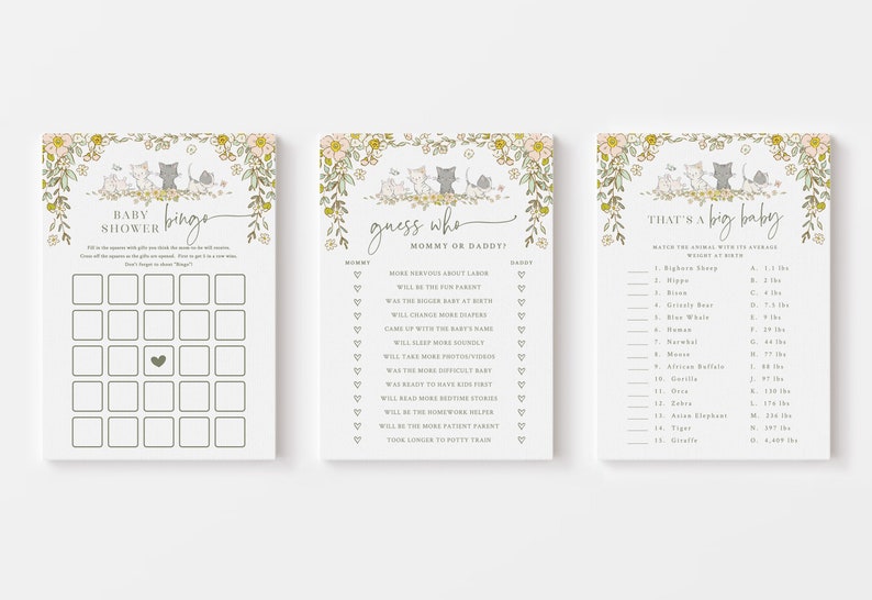 Op de afbeelding: Drie afdrukbare babyborrelspelkaarten met een bloemige rand en schattige kattenillustraties. De spellen zijn "Baby Shower Bingo", "Raad wie: Mama of Papa?" en "Dat is een grote baby".