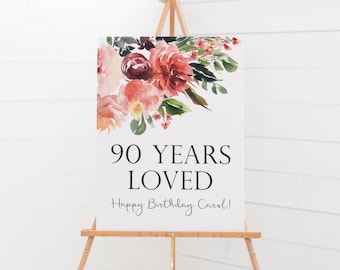 90 Years Loved Sign - 90th Birthday Decorations - Custom Birthday Sign - 90th Birthday Party Decor - Rose Birthday Decor - Adult Birthday