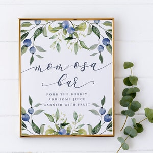 Cartello bar Mom-osa - Decorazioni per baby shower a tema mirtillo - Cartello bar Mimosa stampabile per baby shower per ragazzi - Cartellone per baby shower a tema frutta estiva