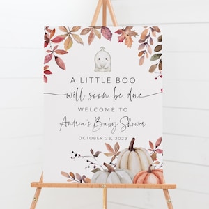 Letrero de bienvenida para baby shower con temática de Halloween de A Little Boo - Letrero para baby shower con follaje otoñal - Baby Shower de octubre - Baby Shower de género neutro