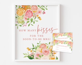 Citrusvrijgezellenfeest - hoeveel kussen voor de aanstaande mevrouw - afdrukbare 8 x 10 bord- en 3,5 x 2 raadskaarten - Citrusvruchten bruiloftsdouchespel