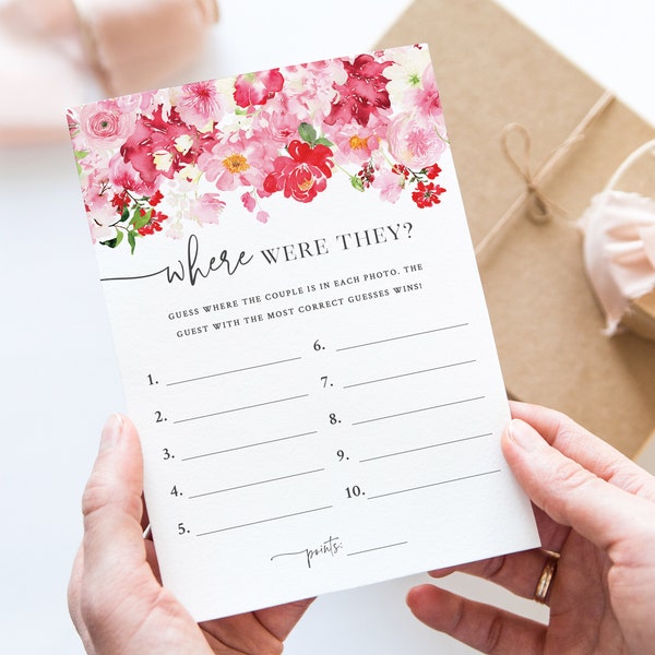 Where Were They - Bridal Travel Photo Game - Valentine's Bridal Shower Game - Couples Photo Guessing Game - Red and Pink Floral Bridal Game