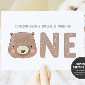 Ours premier anniversaire carte - imprimable 5 x 7 carte - garçon 1er anniversaire carte - ours carte de voeux - premier anniversaire Beary - joyeux premier anniversaire