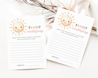 May include: Two printable cards with a sun illustration and the text "FAMILY traditions" and "SHARE YOUR FAVORITE FAMILY TRADITIONS WITH THE GROWING FAMILY".