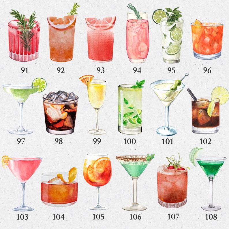 Puede incluir: Una colecci&oacute;n de 18 ilustraciones de acuarela de diferentes tipos de c&oacute;cteles, incluyendo margaritas, martinis y daiquiris. Cada ilustraci&oacute;n est&aacute; numerada del 91 al 108.