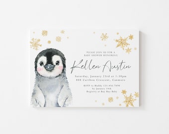 Penguin Baby Shower Invitation - Gender Neutral Winter Baby Shower Invite - Winter Wonderland Digital Invitation - Winter Theme Baby Shower