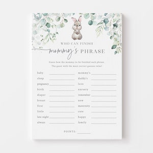 Completa il gioco Baby Shower "Frase della mamma" - È in arrivo uno speciale coniglietto - Gioco stampabile 5x7 - Baby Shower Coniglio Coniglietto - Verde Rustico