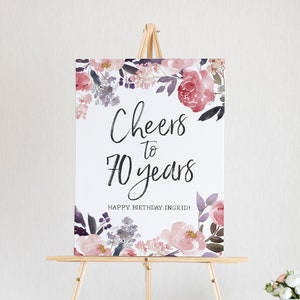Letrero de saludos por los 70 años - Decoraciones para el 70.° cumpleaños - Letrero para el 70.° cumpleaños - Decoración para el 70.° cumpleaños - Letrero floral de bienvenida para cumpleaños - 70 años de amor