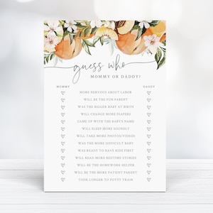 Guess Who: Mommy or Daddy Baby Shower Game - Peach Theme Baby Shower Games - Printable Mom or Dad Baby Shower Quiz - Sweet as a Peach