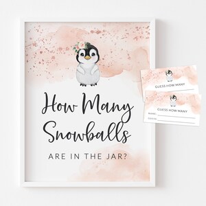 Indovina quante palle di neve ci sono, gioco con cartelli e carte - Gioco stampabile per feste invernali a tema pinguino - Gioco di indovinelli per baby shower con pinguino per bambine