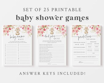 May include: A set of 25 printable baby shower games with a floral design and a bunny rabbit illustration. The games include a baby name race, dad jokes quiz, and predictions and advice.
