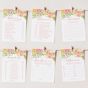 May include: Six printable game cards with a citrus and floral design. The cards feature games for a bridal shower or wedding. The games include "Bride or Groom", "Celebrity Couples", "Date Night", "Honey Do List", "How Old Were They?", and "Kitchen Items".
