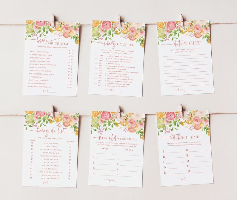 May include: Six printable game cards with a citrus and floral design. The cards feature games for a bridal shower or wedding. The games include "Bride or Groom", "Celebrity Couples", "Date Night", "Honey Do List", "How Old Were They?", and "Kitchen Items".