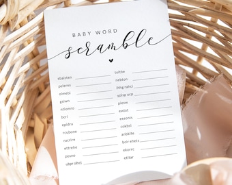 Baby Shower Word Scramble Game with Answer Key - Baby Word Game Printable - Baby Shower Word Puzzle - Black and White Gender Neutral Game