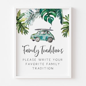 Baby Shower con temática de surf - Actividad de tradiciones familiares - Comparte tu cartel de tradición familiar favorito con tarjetas a juego - Baby Shower de playa