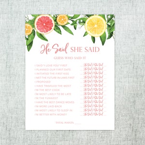 He Said She Said Bridal Shower Game - Citrus Bridal Shower Theme - Printable Bridal Shower Activities - Who Said It Game - Lemon Party Decor