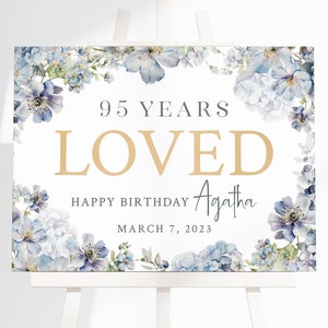 Affiche d&#39;anniversaire florale bleue - signe de fête d&#39;anniversaire imprimable - tout âge - 95 ans aimés - hortensia pervenche - décorations d&#39;anniversaire de maman