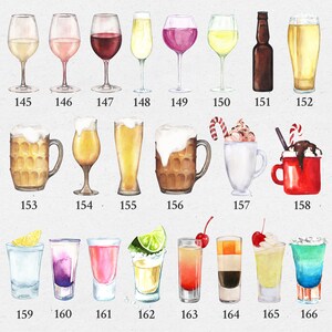 Puede incluir: Una ilustraci&oacute;n de acuarela de 16 tipos diferentes de bebidas, incluyendo cerveza, vino, c&oacute;cteles y bebidas no alcoh&oacute;licas. Las bebidas est&aacute;n numeradas del 145 al 166.