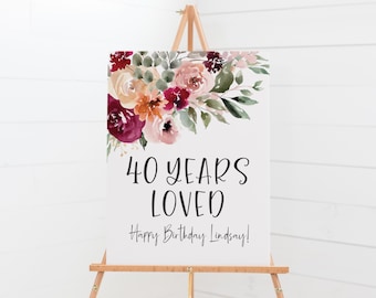 40th Birthday Party Decorations - 40 Years Loved - Birthday Party Welcome Sign - Floral Birthday Decorations - Happy Birthday Easel Sign