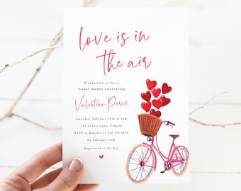 Love is in the Air Bridal Shower Invitation - Printable Valentine's Day Bridal Shower Invite - February Bridal Shower - Bicycle and Hearts