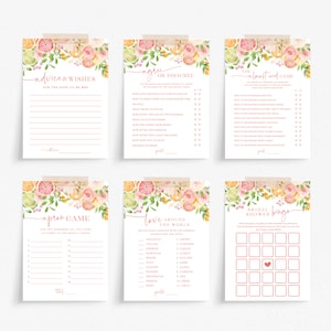 May include: A set of six printable bridal shower game cards featuring a floral and citrus design. The games include "Advice & Wishes", "Agree or Disagree", "The Almost Wed Game", "Apron Game", "Love Around the World", and "Bridal Shower Bingo".