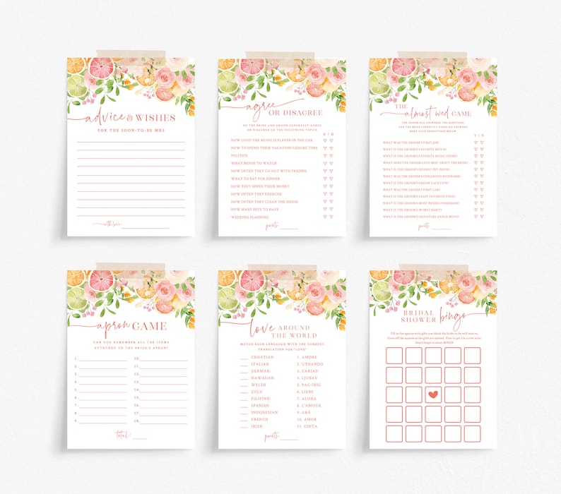 May include: A set of six printable bridal shower game cards featuring a floral and citrus design. The games include "Advice & Wishes", "Agree or Disagree", "The Almost Wed Game", "Apron Game", "Love Around the World", and "Bridal Shower Bingo".