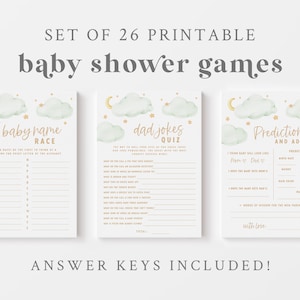 Over the Moon Baby Shower Game Bundle - 26 Printable Games & Activities - Twinkle Twinkle Little Star Baby Shower Games - Mint and Gold