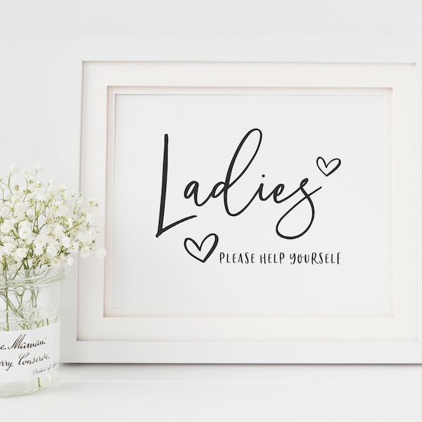 Ladies Wedding Bathroom Basket Sign - Toiletries Basket Printable Sign - Please Help Yourself - Wedding Toilet Basket Sign - Black and White