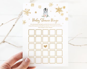 Winter Baby Shower Bingo Card - Gift Bingo Game - Penguin Theme - Girls Baby Shower Activity - Printable Gift Opening Bingo Card - Snowflake