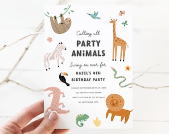 Invitación para fiesta de cumpleaños con animales de fiesta - Invitación imprimible para fiesta de cumpleaños de safari para niñas - Invitación de cumpleaños con animales del zoológico - 4.º cumpleaños
