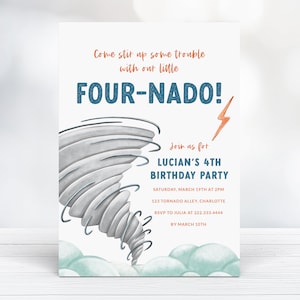 Fournado Birthday Party Invitation - Printable or Digital Tornado Party Invitation - Fourth Birthday Invite - Weather Themed Birthday Invite
