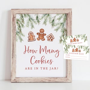 Jeu de devinettes devinez combien de biscuits et cartes de visite - Décoration de fête en pain d'épice imprimable - Jeu de devinettes hiver bonhomme en pain d'épice pour baby shower