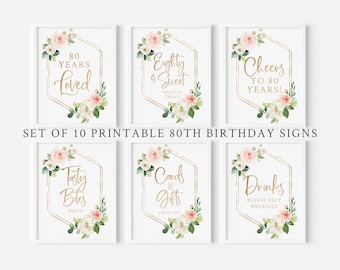 Paquete de carteles para fiesta de 80 cumpleaños: decoraciones florales rosas y doradas para 80 cumpleaños. Juego de 10 carteles imprimibles. 80 años de amor. ¡Salud por los 80!