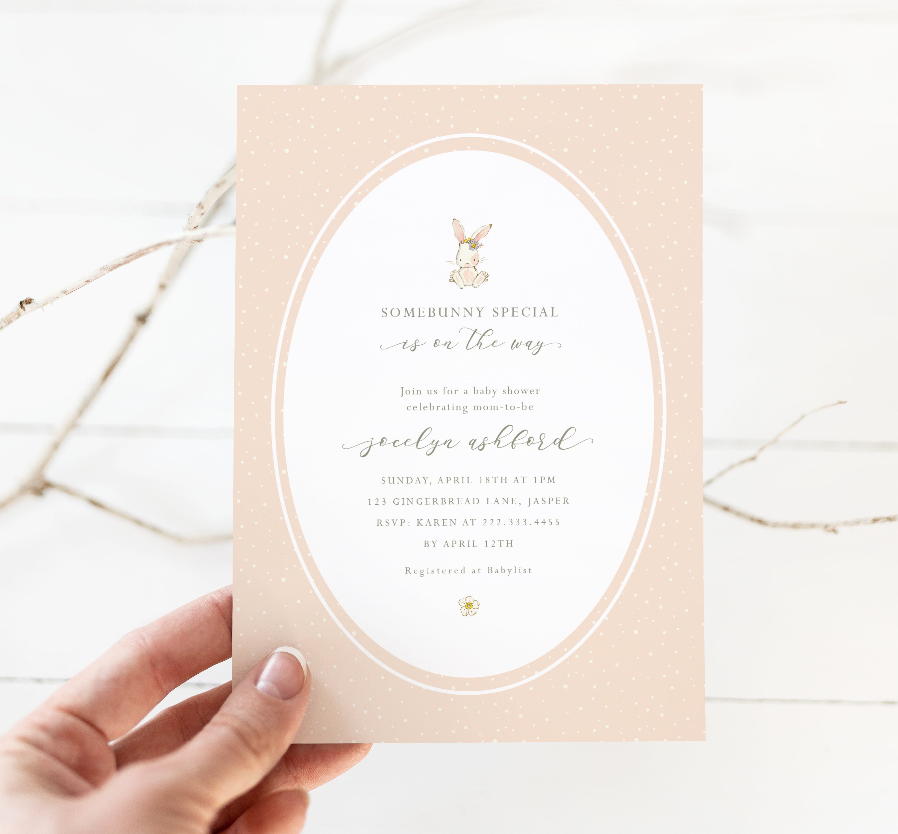Bunny Rabbit Baby Shower Invite - Girls Bunny Baby Shower Invitation ...