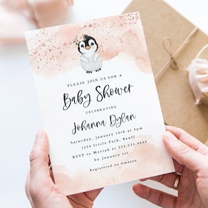 Pink Penguin Baby Shower Invitation - Printable or Digital Invite - Winter Girl Baby Shower Invite - Penguin Themed Party Invitation