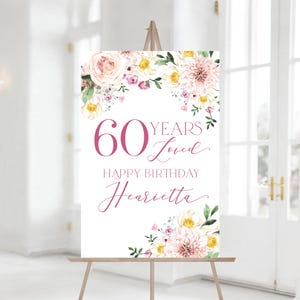 Placa de boas-vindas para almoço de aniversário | Qualquer idade | Festa de aniversário com flores rosas no jardim | Cartaz de boas-vindas para impressão | 60 anos de amor | Aniversário de mulher