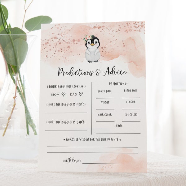 Winter Penguin Baby Predictions Card - Printable Predictions and Advice Card - Pink Penguin Baby Shower - Winter Wonderland Baby Shower