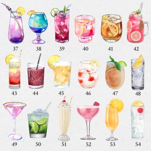 Puede incluir: Una colecci&oacute;n de 54 ilustraciones de acuarela de diferentes tipos de c&oacute;cteles y bebidas. Cada ilustraci&oacute;n est&aacute; numerada del 37 al 54.