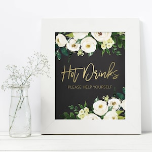 Coffee and Tea Station Sign - Hot Drinks Printable Sign - Hot Drinks Station Sign - Coffee Bar Sign - Coffee Station Sign - Green White Gold